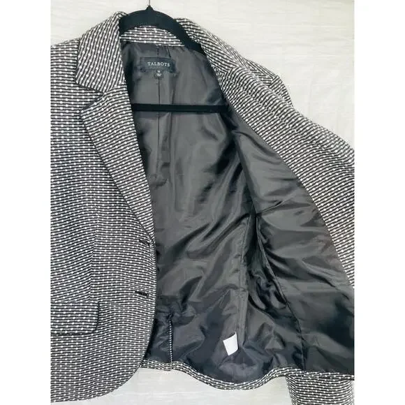 Talbots Black White Patterned Blazer Button Notched Lapel Front Pockets Size 10 - Picture 4 of 13